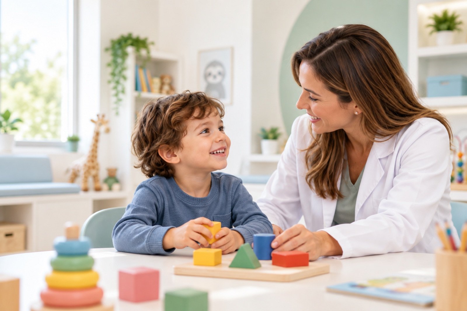 Neuropediatra interagindo com uma crianca durante atividade de desenvolvimento
